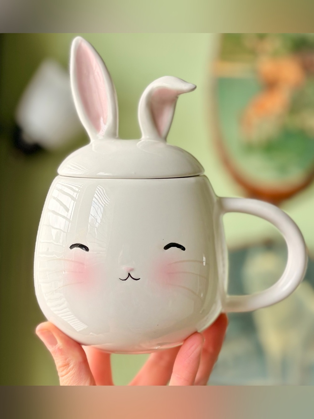 Cute Cottagecore Bunny Ceramic Mug with Lid - White and Pink - Picture 1 of 7